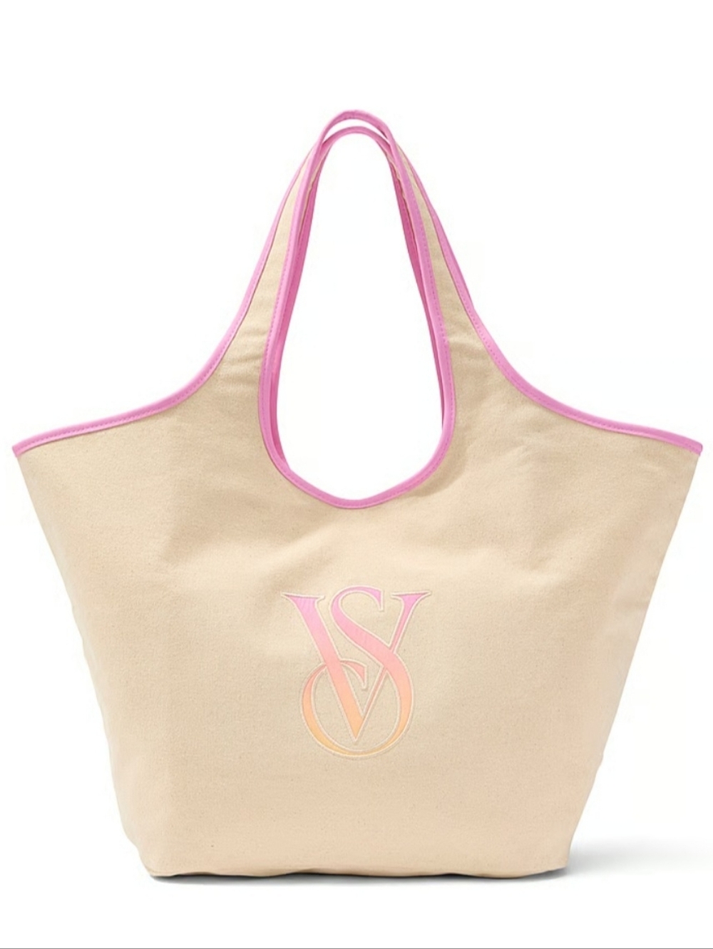 Victoria's Secret Cream Canvas Tote with Pink Trim